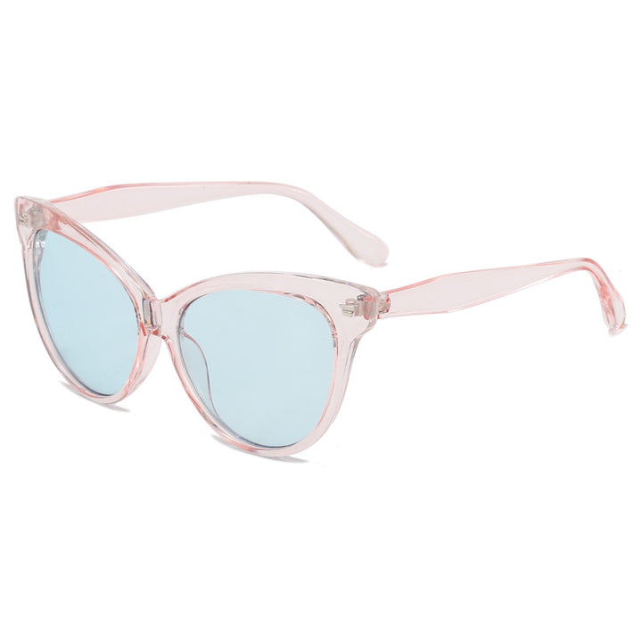 Damen modische Cat-Eye Sonnenbrille mit transparentem Rahmen und blauen Gläsern Karnz
