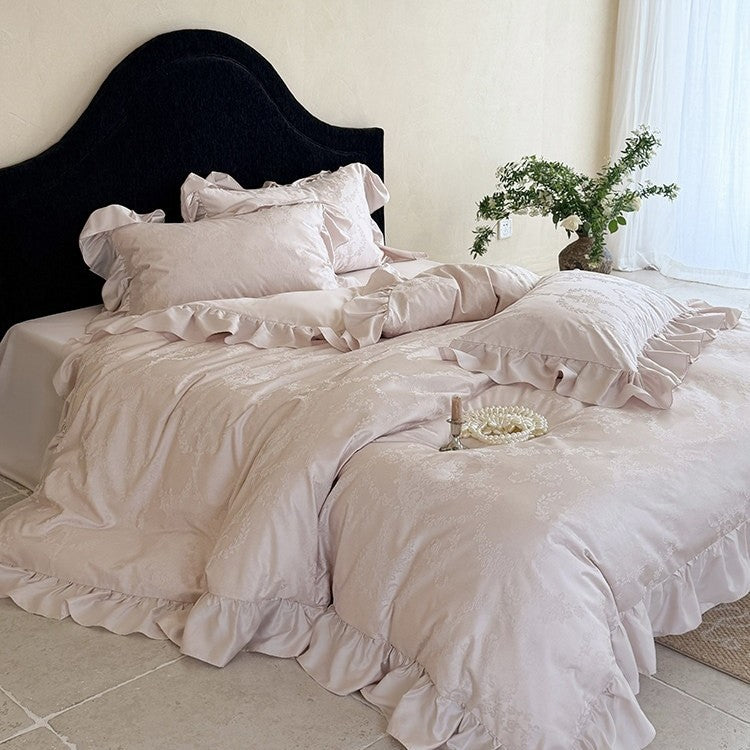 Elegantes Bettwäscheset mit Jacquard-Blumenmuster, Volant und weichem Baumwollsatin