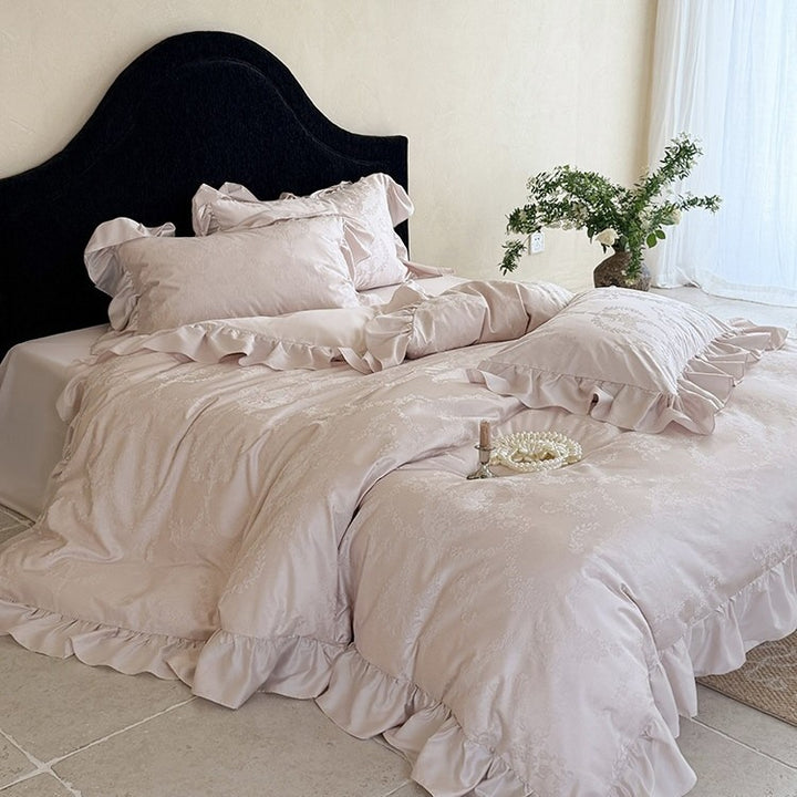 Elegantes Bettwäscheset mit Jacquard-Blumenmuster, Volant und weichem Baumwollsatin