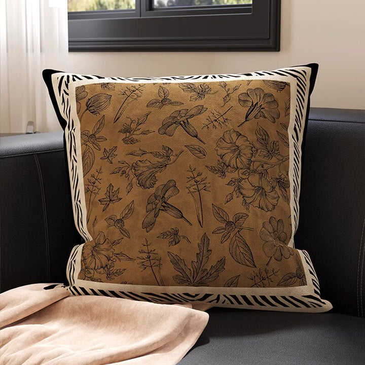 Botanical Sketch Velvet Square Throw Pillow Cover with Zebra-Trim Hidden Zipper