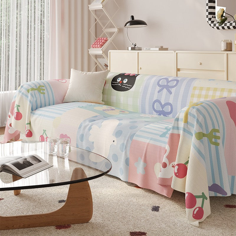 Reversible Stretch Sofa Slipcover with Pastel Cartoon Patchwork Texture