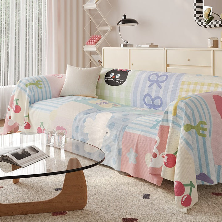 Reversible Stretch Sofa Slipcover with Pastel Cartoon Patchwork Texture