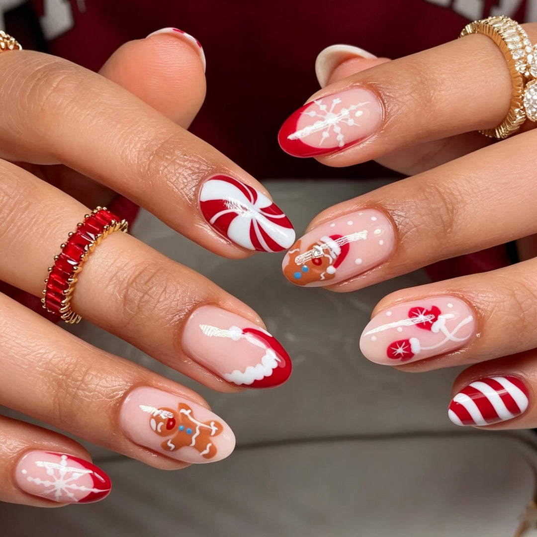 Festliche Lebkuchen- und Feiertags-Press-On-Nagelkunst-Set Karnz