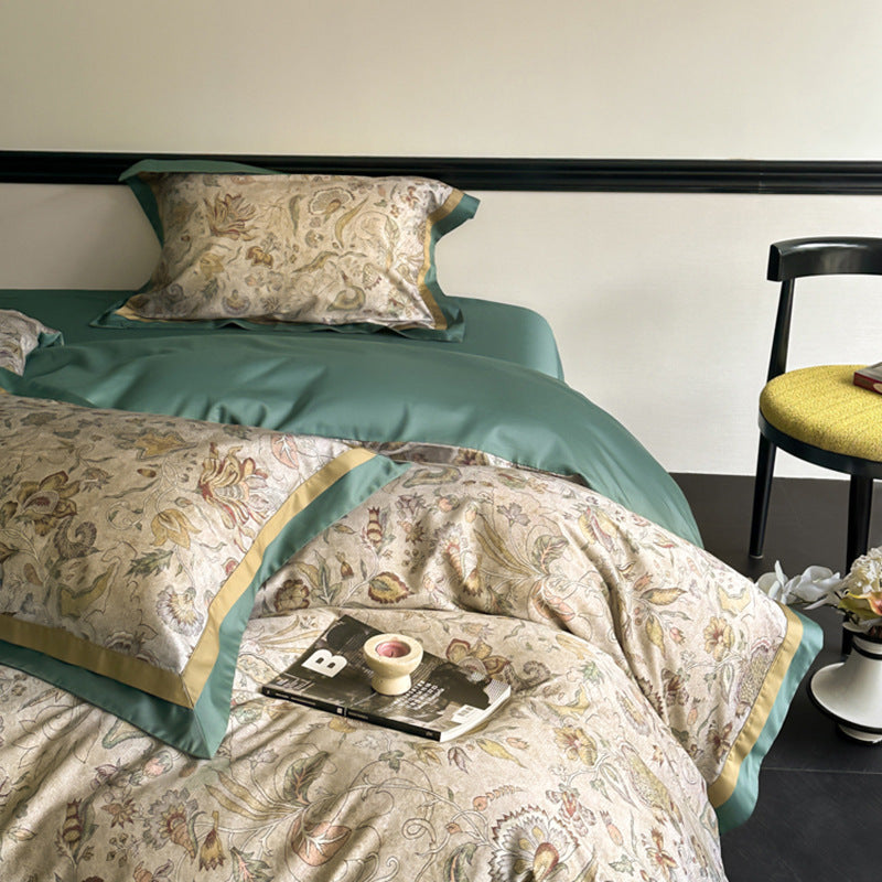 Premium Satin-Feel Rosenmuster Bettbezug und Kissenbezug Set