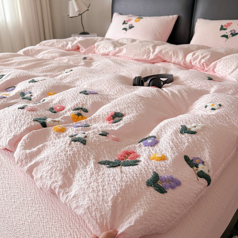 Texturiert Gesticktes Floral Bettbezug-Set mit Tufted Applikation