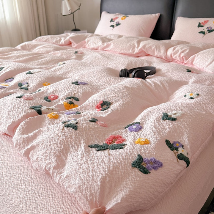 Texturiert Gesticktes Floral Bettbezug-Set mit Tufted Applikation