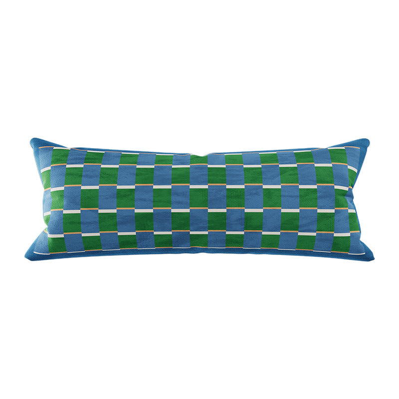 Long Lumbar Velvet Pillow Cover with Checkerboard Textured Panel and Hidden Zipper
