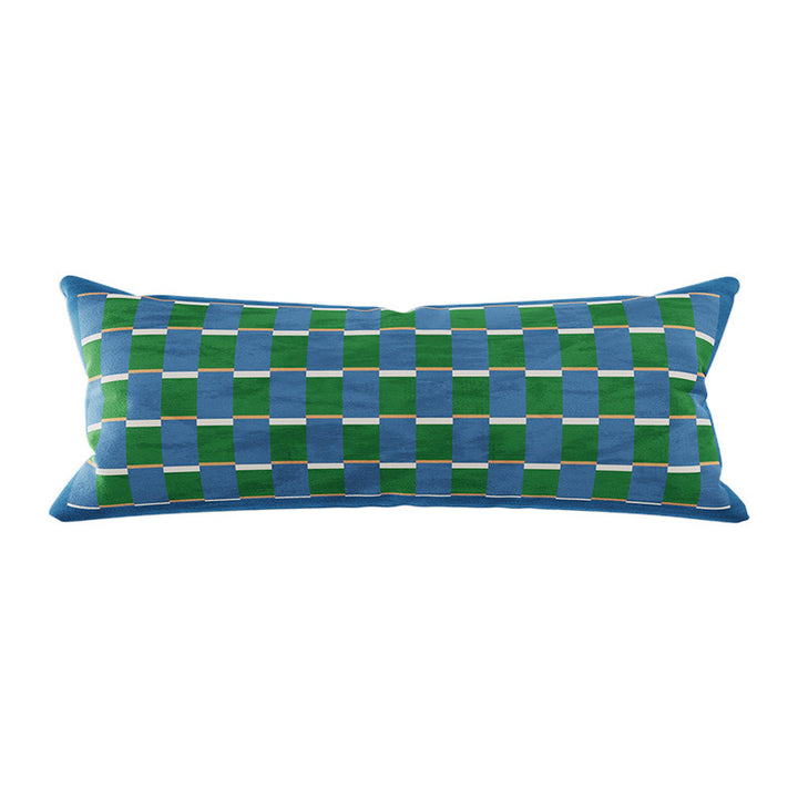 Long Lumbar Velvet Pillow Cover with Checkerboard Textured Panel and Hidden Zipper