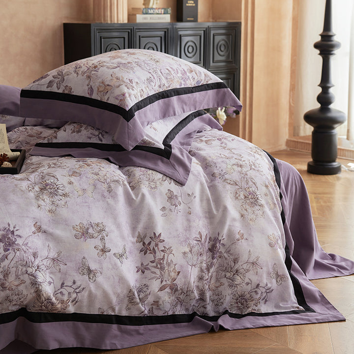 Vintage Floral Sating Bettbezug Set mit schwarzem Saum und Umschlagkissenbezügen
