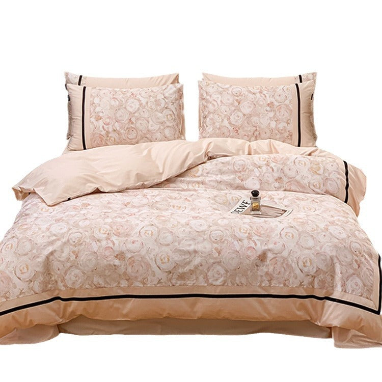 Luxus Baumwoll-Satin Blumen Bettdeckenbezug Set mit Aquarell Blumenmotiven, kontrastierendem Kastenrand & versteckten Eckenbindern