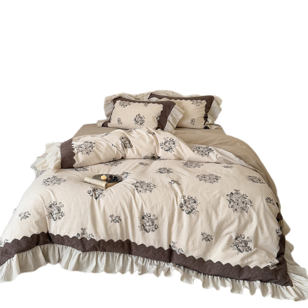 Baumwoll-Leinen Bettwäschegarnitur mit Vintage-Blumenprint, Volant und Rüschen
