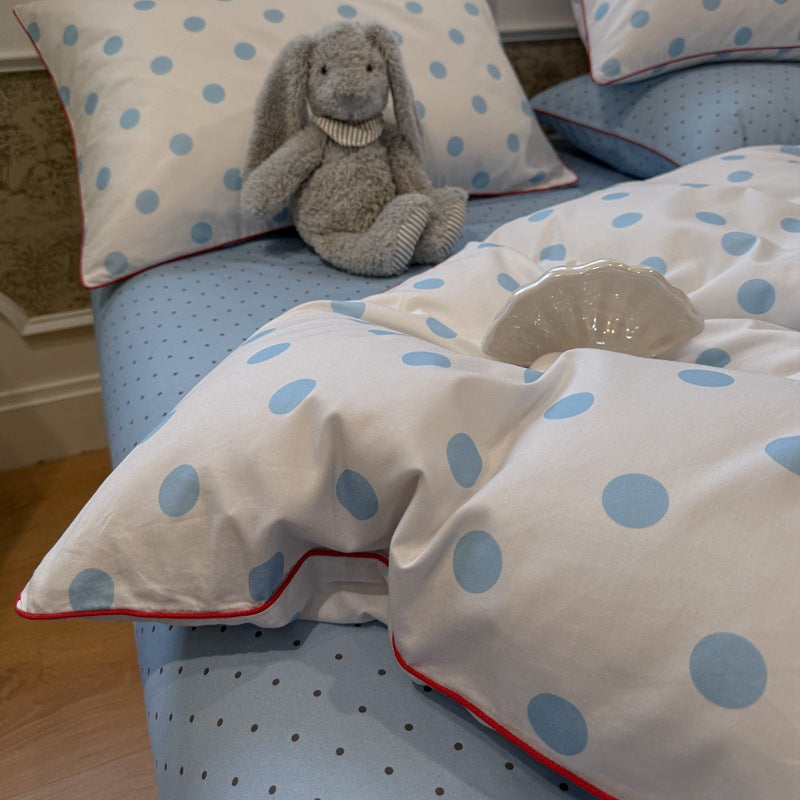 Polka Dot Baumwollsatin Bettwäsche Set mit kontrastierendem Kantenstepp und Spannbettlaken