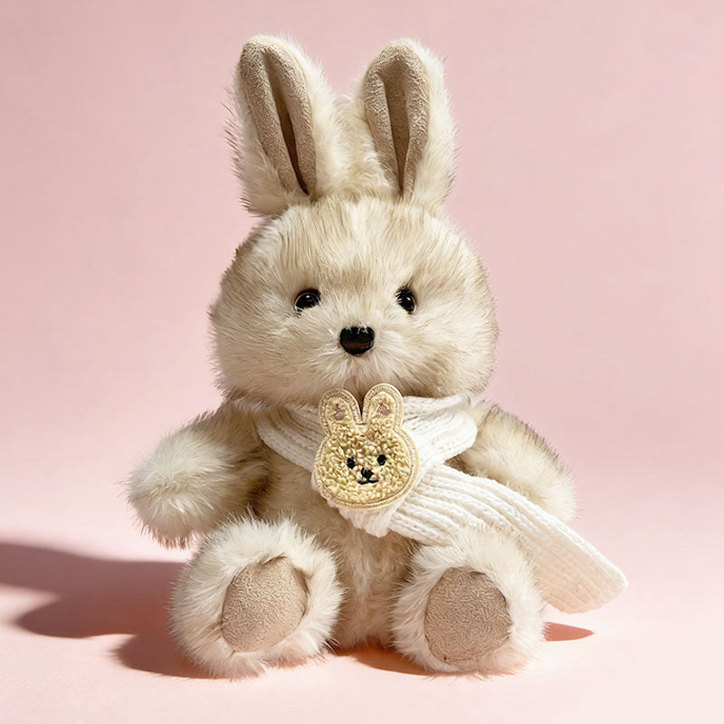 Plüsch Sitzender Hase Comforter Spielzeug mit Ultra-Weichem Kunstfell, Besticktem Gesicht und Strickschal Karnz