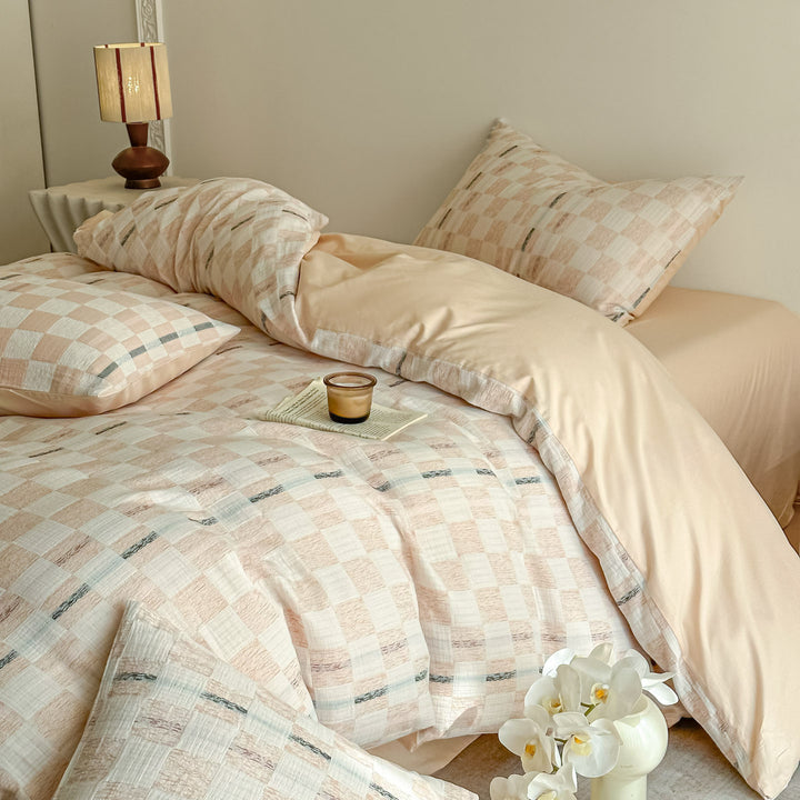 Reversibles Baumwoll-Leinen Bettwäsche-Set mit kariertem Patchwork-Motiv