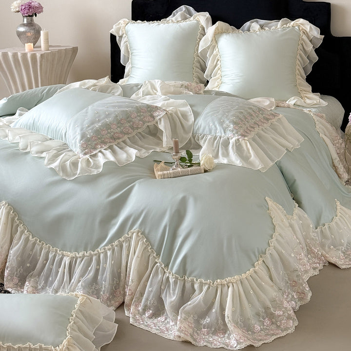 Luxuriöser Rüschenspitze Bettbezug Set mit besticktem Chiffonbesatz