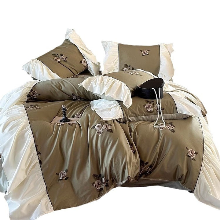 Rüsch Satin-Feel Bestickte Bettbezug-Set mit Dekorativem Rüschensaum