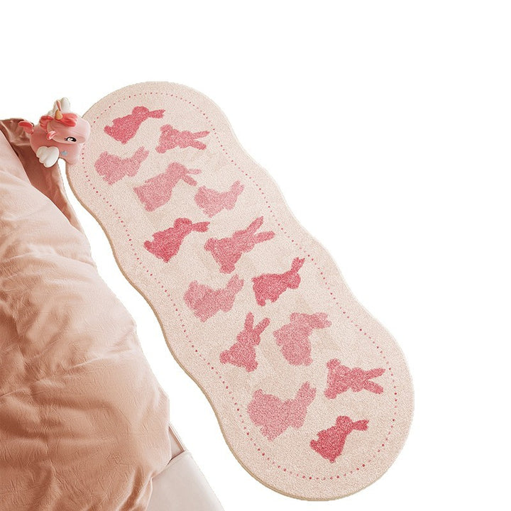 Children's Scalloped-Edge Plush Runner Rug with Pink Bunny Silhouette Pattern