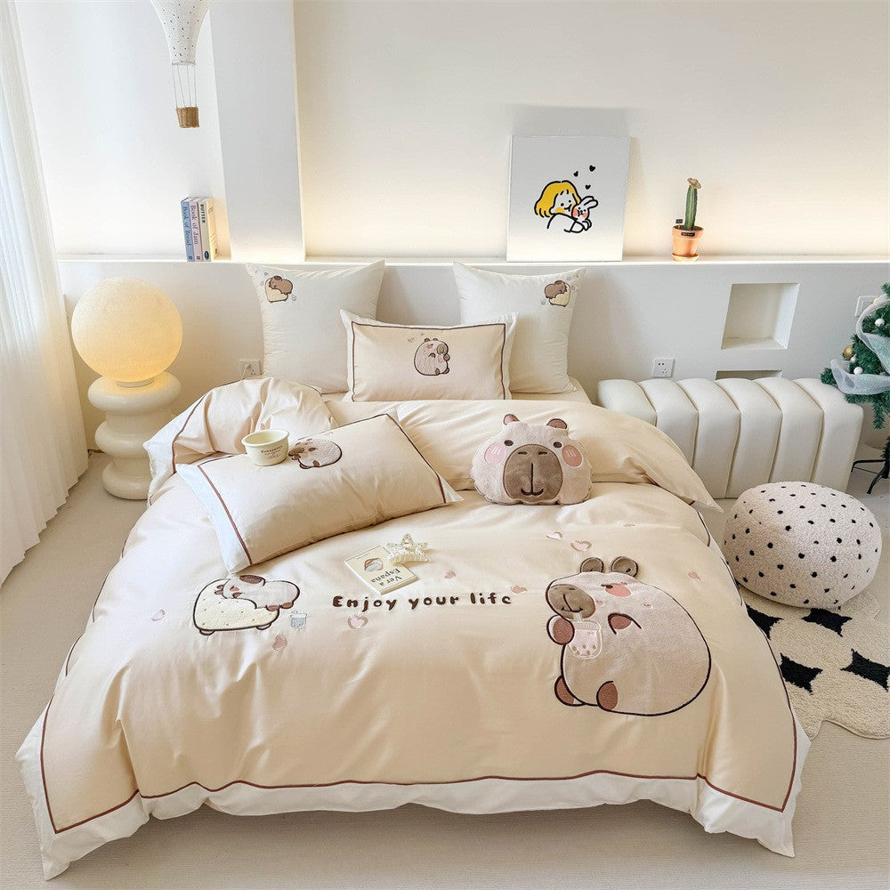 Kawaii-Bettwäsche-Garnitur mit applizierten Plüschbären und atmungsaktivem Baumwollsatin