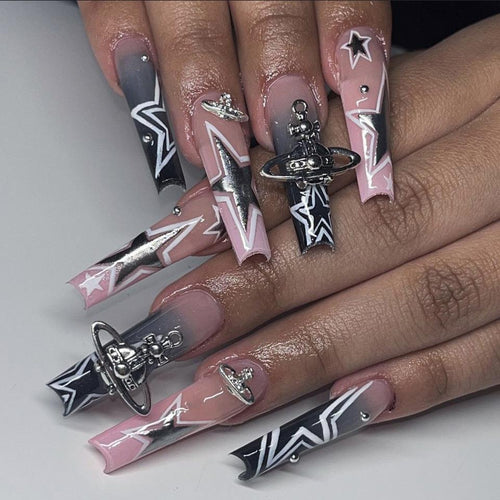 Künstlerisches Press-On Nagelset mit Sternen Design