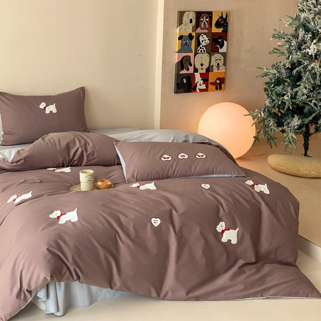 Bestickte Baumwollsatin Bettbezug Set mit Terrier Applikation