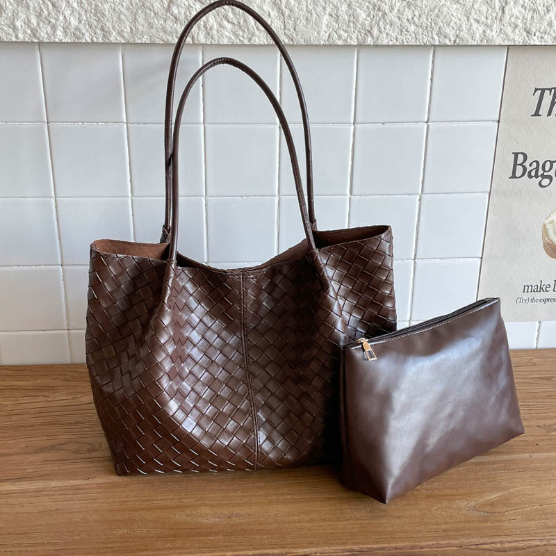 Woven Leather Tote Bag mit Reißverschlussbeutel