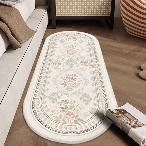 Oval Low-Pile Kitchen Runner Rug with Vintage Distressed Floral Jacquard and Non-Slip Backing