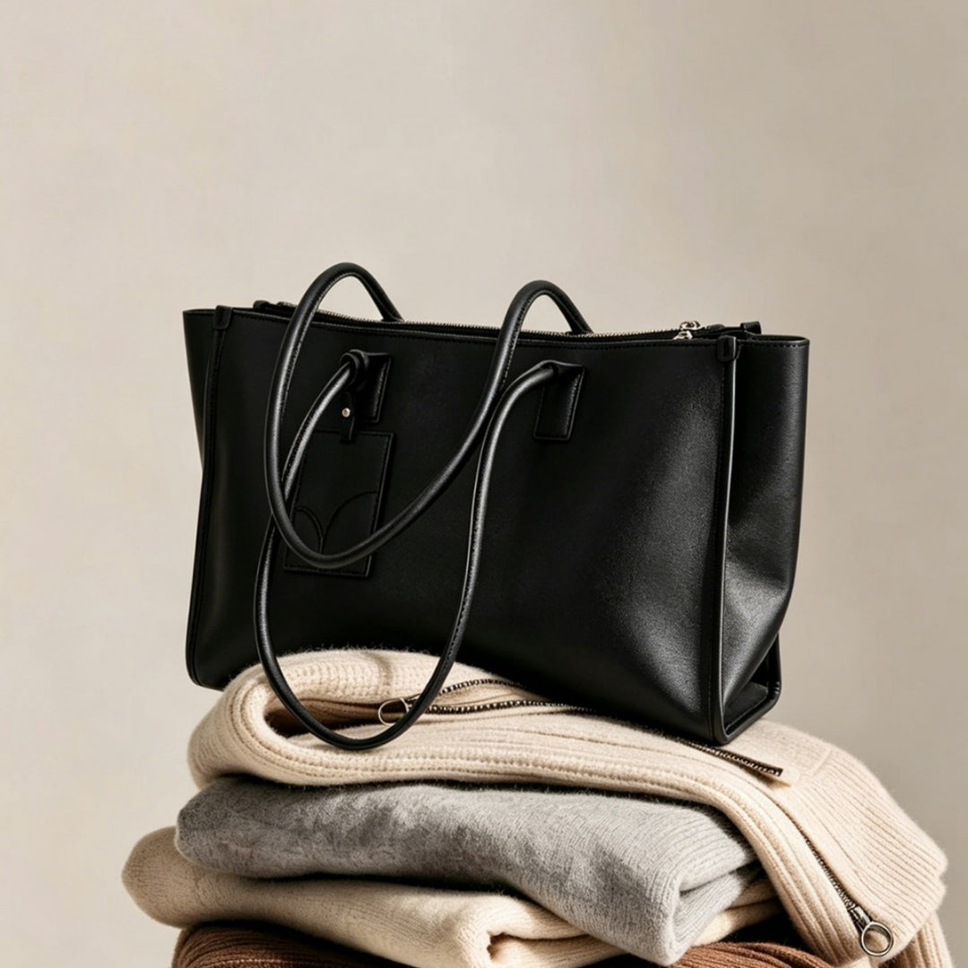 Glattes veganes Leder strukturiert Top-Zip Tote mit doppelten gerollten Griffen und Gepäckanhänger