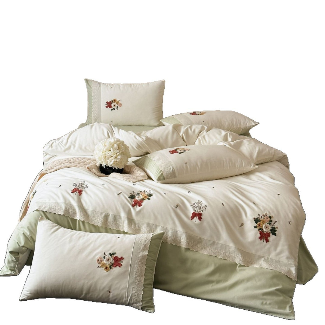 Bestickte Blumen Spitze Baumwolle Bettbezug Set
