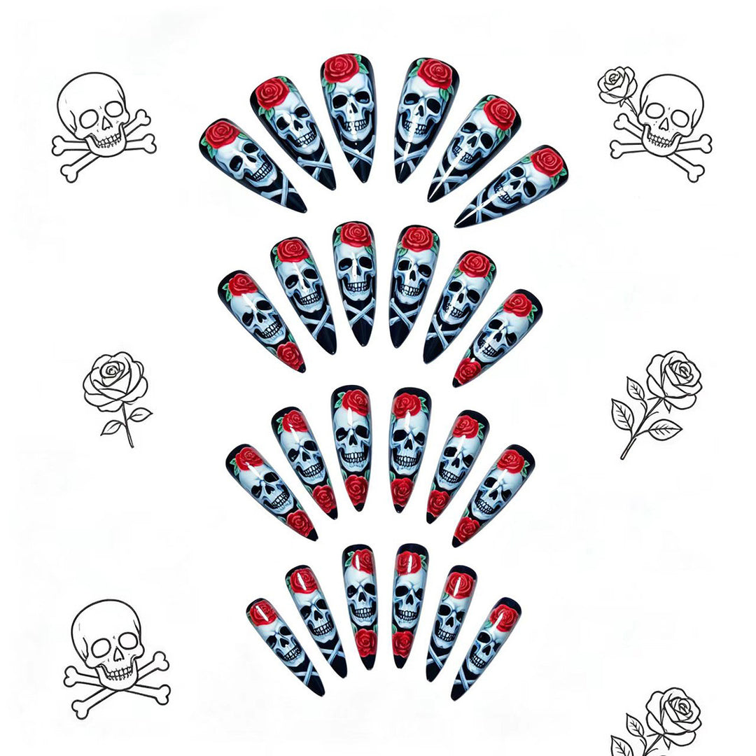 Kunstnägel mit Kreativem Totenkopf- und Rosenmotiv Karnz