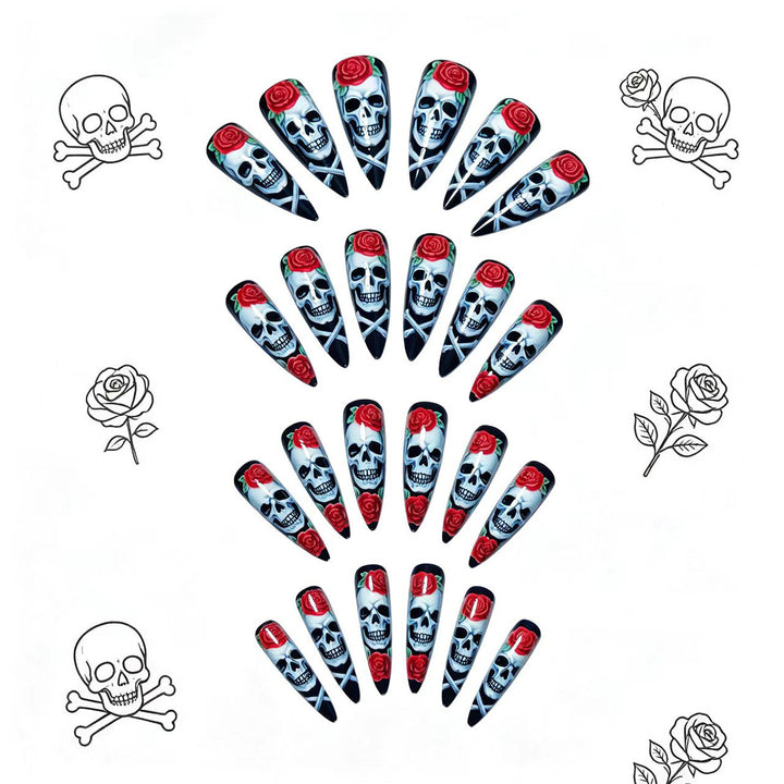 Kunstnägel mit Kreativem Totenkopf- und Rosenmotiv Karnz