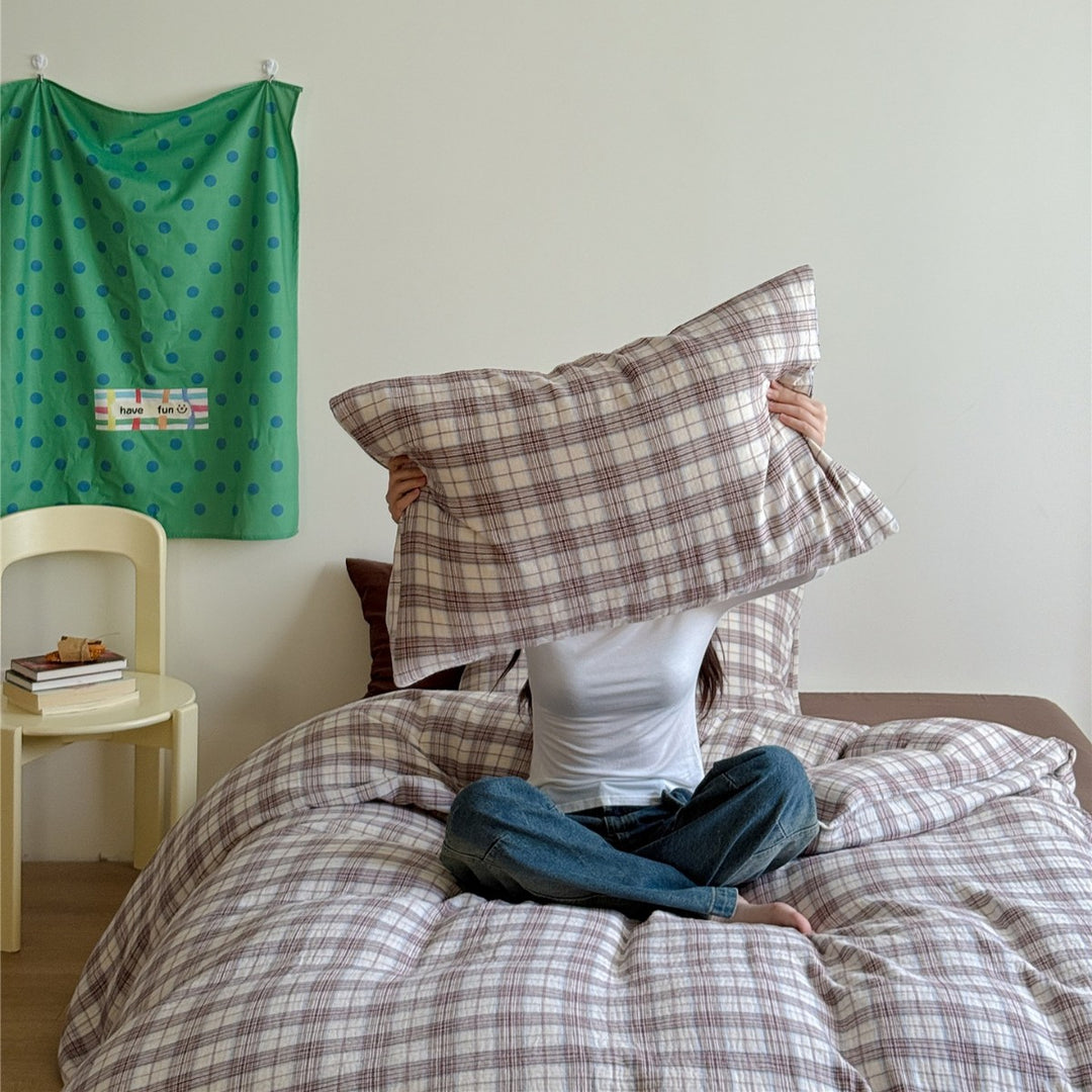 Leichtes Karomuster-Bettwäscheset aus Baumwoll-Musselin mit softer Oberfläche