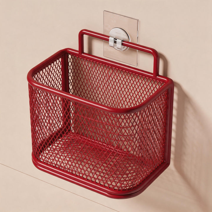 Wandmontierter Mesh-Waschtisch-Organizer-Korb mit zwei Holzknopf-Haken