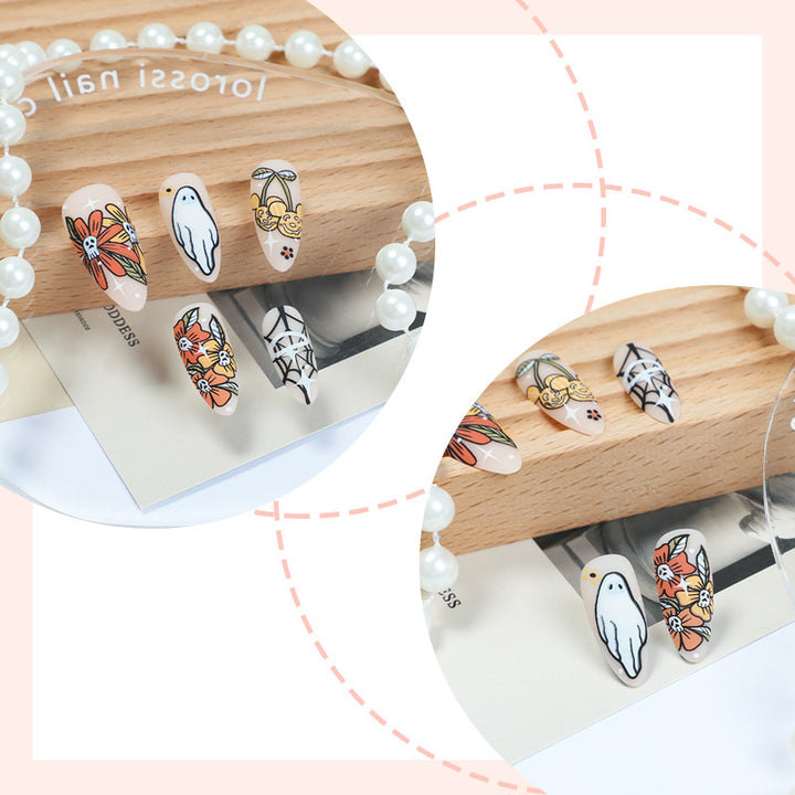 Künstlerisches Press-On-Nagelset mit saisonalen Blumen- und Geisterdesigns Karnz
