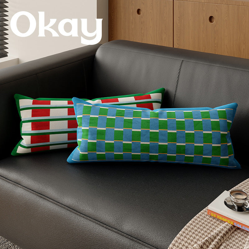 Long Lumbar Velvet Pillow Cover with Checkerboard Textured Panel and Hidden Zipper