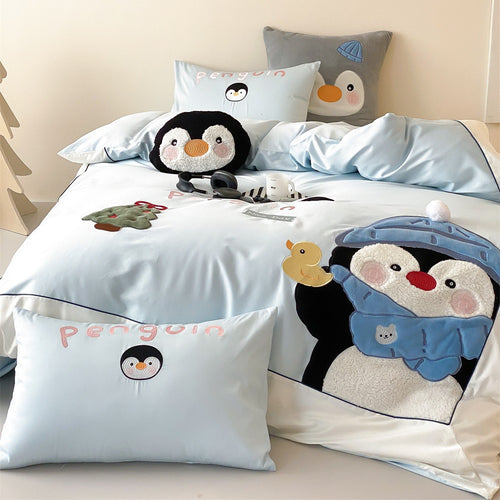 Kinderbettwäsche-Set mit gestickten dreidimensionalen Pinguinapplikationen und weichem Baumwollsatin