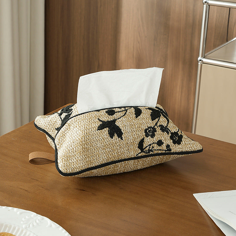 Gewebte Taschentuchbox-Hülle in Stroh-Optik mit besticktem Blumenmotiv Karnz