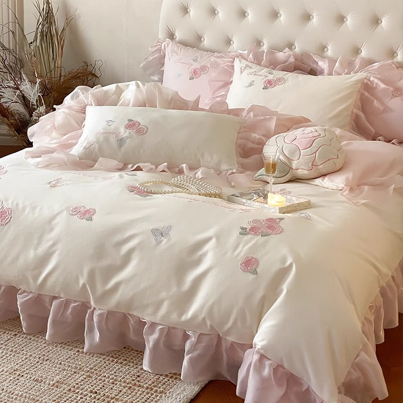 Rüschen Satinbesatz Bestickte Rose Bettbezug Ensemble