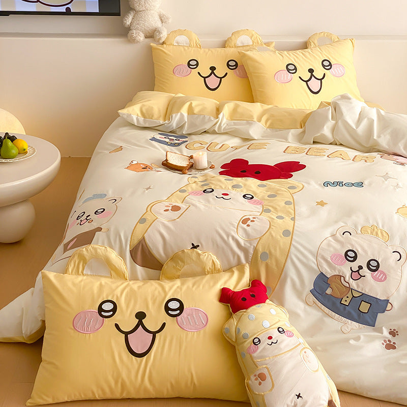 Kinder Cartoon Katze Baumwollsatin Bettbezug Set mit ohrförmigen Kissenbezügen und plüschigem Akzentkissen