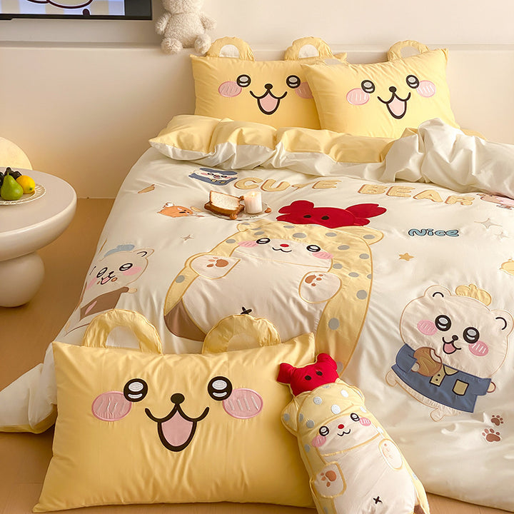 Kinder Cartoon Katze Baumwollsatin Bettbezug Set mit ohrförmigen Kissenbezügen und plüschigem Akzentkissen
