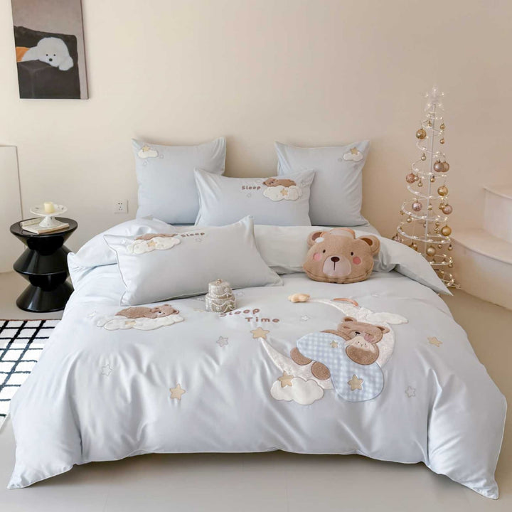 Kinder-Bettwäschegarnitur mit appliziertem Teddybär-Design, extraweichem Mikrofaserbezug und Kissen-Dekokissen