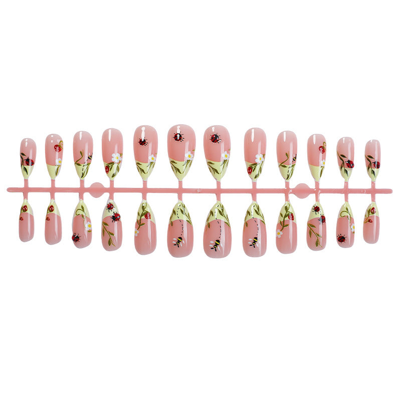 Floral Print Press-On Nails Set with Ladybug and Bee Designs Karnz