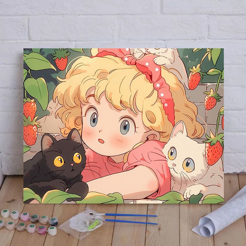 Cartoon Cat und Mädchen Themenleinwand Malset nach Zahlen Karnz
