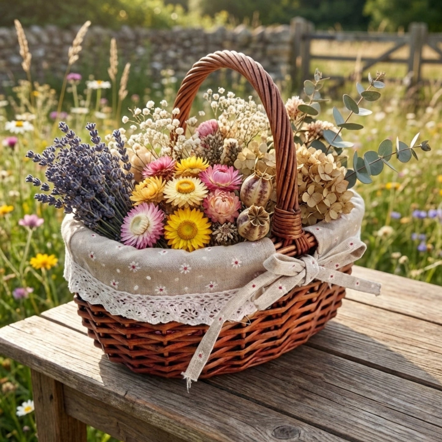 Damen geflochtener Picknickkorb mit romantischem Gingham-Futter Karnz