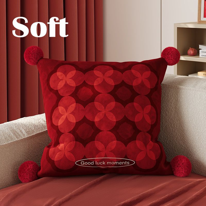 Decorative Velvet Square Throw Pillow with Corner Pom-Poms and Geometric Floral Emboss