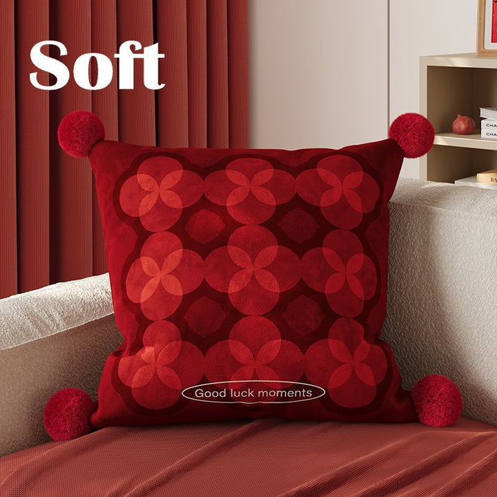 Decorative Velvet Square Throw Pillow with Corner Pom-Poms and Geometric Floral Emboss