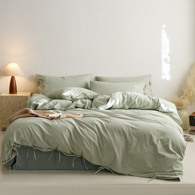 Baumwoll‑Musselin Bettwäscheset mit Bindebändern, soften Musselin‑Struktur und atmungsaktiver Leinenoptik