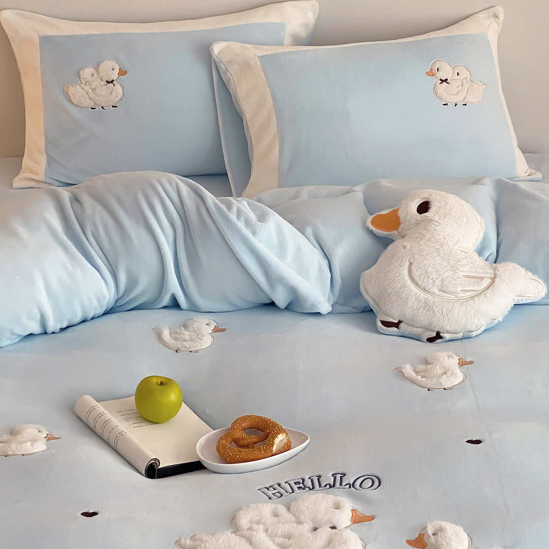 Bestickte Kirschen Vichy Baumwolle Bettbezug Set mit dekorativen Euro Kissenbezügen