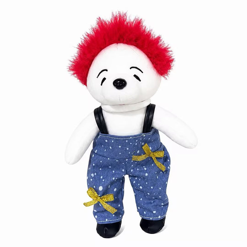 Plüschbären-Charakterpuppe mit Kunstfell-Mohawk und Latzhose Karnz