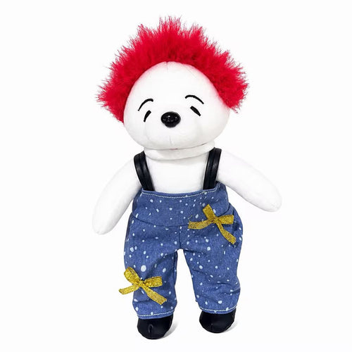 Plüschbären-Charakterpuppe mit Kunstfell-Mohawk und Latzhose Karnz
