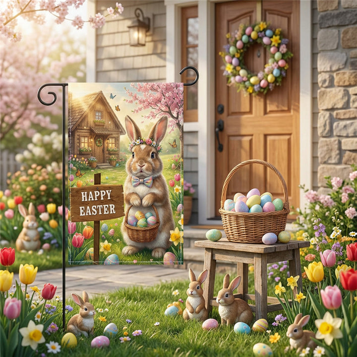 Dekorative Outdoor-Burlap-Textur Ostern Gartenfahne mit doppelseitigem Druck und Fahnenhülse